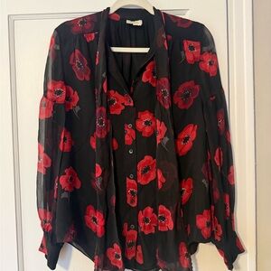 Kate Spade Black Blouse with Red Floral Design